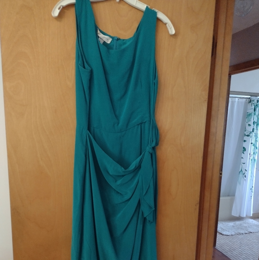 Teal asymmetrical midi dress with side tie. Spencer Jeremy, size 10.
